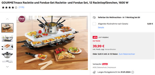 GOURMETmaxx Raclette und Fondue-Set mit der weißen Keramikbeschichtung, 12 Raclettepfännchen - jetzt 20% billiger