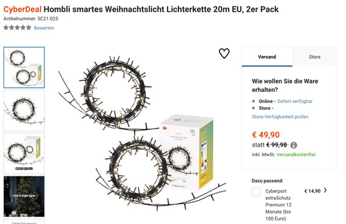 Hombli smartes Weihnachtslicht Lichterkette 20m EU 2er Pack - jetzt 50% billiger