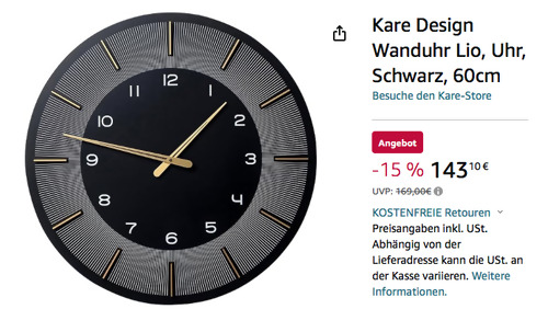 Kare Design 60 cm Wanduhr "Lio" in Schwarz Kare Design 60 cm Wanduhr "Lio" in Schwarz