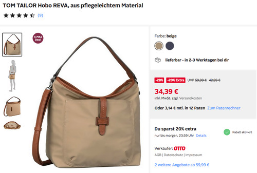 Otto.de - 20% Rabatt auf ausgewählte Saleartikel: z.B. TOM TAILOR Hobo REVA 33/29/18 cm Cross bag in Beige Otto.de - 20% Rabatt auf ausgewählte Saleartikel: z.B. TOM TAILOR Hobo REVA 33/29/18 cm Cross bag in Beige