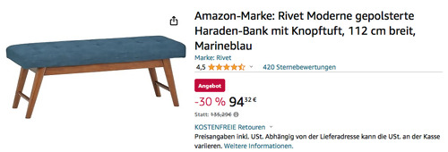 Rivet 112 cm Moderne gepolsterte Haraden-Bank mit Knopftuft in Marineblau - jetzt 27% billiger
