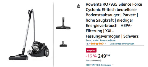Rowenta RO7935 Silence Force Cyclonic Effitech beutelloser Bodenstaubsauger, 2,5 Liter Fassungsvermögen Rowenta RO7935 Silence Force Cyclonic Effitech beutelloser Bodenstaubsauger, 2,5 Liter Fassungsvermögen