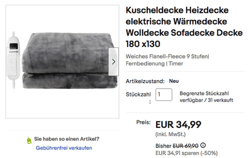 Steinborg SB-9502 180 x130 cm elektrische Wärmedecke/Kuscheldecke - jetzt 22% billiger