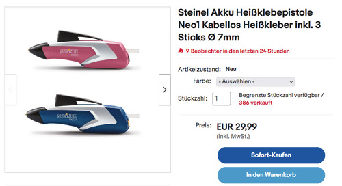 Steinel Akku-Heißklebepistole Neo1 in Rapture Rose oder Blau Steinel Akku-Heißklebepistole Neo1 in Rapture Rose oder Blau