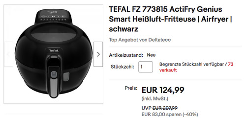 TEFAL FZ 773815 ActiFry Genius Smart Heißluft-Fritteuse, 1,2 kg Kapazität - jetzt 24% billiger