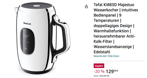 Tefal KI883D Majestuo Wasserkocher (1,5 Liter, 9 Temperaturen, doppellagiges Design, Edelstahl) - jetzt 12% billiger
