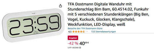 TFA Dostmann 60.4514.02 Digitale Wanduhr BIMBAM in Weiß mit 5 Stundenklängen - jetzt 8% billiger TFA Dostmann 60.4514.02 Digitale Wanduhr BIMBAM in Weiß mit 5 Stundenklängen - jetzt 8% billiger