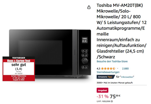 Toshiba MV-AM20T(BK) Mikrowelle in Schwarz Toshiba MV-AM20T(BK) Mikrowelle in Schwarz