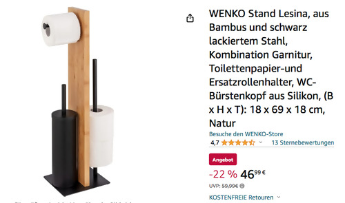 WENKO 25376100 WC-Stand "Lesina" (18 x 69 x 18 cm, Bambus, Stahl, Toilettenpapier-und Ersatzrollenhalter, WC-Bürstenkopf) WENKO 25376100 WC-Stand "Lesina" (18 x 69 x 18 cm, Bambus, Stahl, Toilettenpapier-und Ersatzrollenhalter, WC-Bürstenkopf)