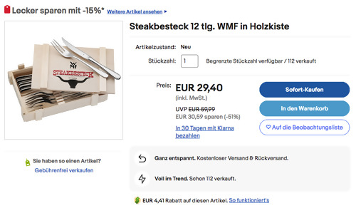 WMF 12 tlg. Steakbesteck in Holzkiste WMF 12 tlg. Steakbesteck in Holzkiste