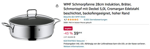 WMF 28 cm Schmor-/ Servierpfanne 5 Liter, Cromargan Edelstahl Rostfrei 18/10 - jetzt 40% billiger WMF 28 cm Schmor-/ Servierpfanne 5 Liter, Cromargan Edelstahl Rostfrei 18/10 - jetzt 40% billiger