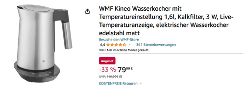 WMF Kineo 1,6 Liter Wasserkocher Vario mit Temperatureinstellung, Edelstahl matt - jetzt 15% billiger