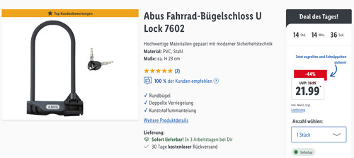 Abus Fahrrad-Bügelschloss U Lock 7602, Gehärteter 12 mm Rundbügel - jetzt 18% billiger Abus Fahrrad-Bügelschloss U Lock 7602, Gehärteter 12 mm Rundbügel - jetzt 18% billiger