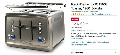 Black & Decker BXTO1960E 4 Schlitze Toaster, Edelstahl - jetzt 19% billiger Black & Decker BXTO1960E 4 Schlitze Toaster, Edelstahl - jetzt 19% billiger