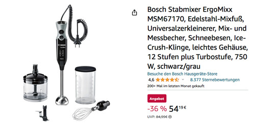 Bosch Stabmixer ErgoMixx MSM67170 mit Zubehör, 750 W - jetzt 7% billiger Bosch Stabmixer ErgoMixx MSM67170 mit Zubehör, 750 W - jetzt 7% billiger