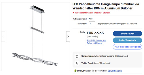 Briloner 4442039 100 cm 3-flammige LED Pendelleuchte (1890 Lumen, 3.000K, 3 x LED 6W) - jetzt 51% billiger