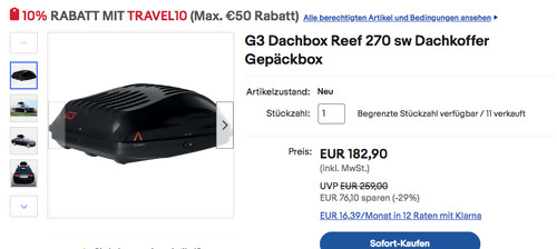 G3 Dachbox Reef 270 in Schwarz (220 Liter, ca. 39 x 118 x 76 cm) - jetzt 15% billiger G3 Dachbox Reef 270 in Schwarz (220 Liter, ca. 39 x 118 x 76 cm) - jetzt 15% billiger