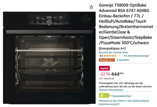 Gorenje 738009 OptiBake Advanced BSA 6747 A04BG Einbau-Backofen in Schwarz - jetzt 20% billiger Gorenje 738009 OptiBake Advanced BSA 6747 A04BG Einbau-Backofen in Schwarz - jetzt 20% billiger