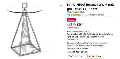 HAKU Möbel 17724  Beistelltisch in Metall grau,  Ø 45 x H 57 cm - jetzt 16% billiger