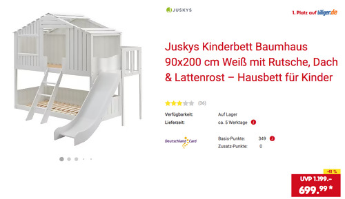 Juskys Baumhaus 90x200 cm Kinderbett mit Rutsche in Weiß, 260x195x210 cm - jetzt 20% billiger