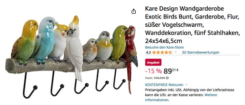Kare Design 84794 Wandgarderobe "Exotic Birds Bunt", 5 Stahlhaken - jetzt 15% billiger Kare Design 84794 Wandgarderobe "Exotic Birds Bunt", 5 Stahlhaken - jetzt 15% billiger