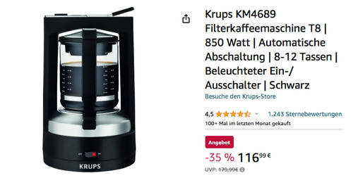 Krups KM4689 Filterkaffeemaschine T8 in Schwarz, Druckbrühmethode - jetzt 9% billiger Krups KM4689 Filterkaffeemaschine T8 in Schwarz, Druckbrühmethode - jetzt 9% billiger