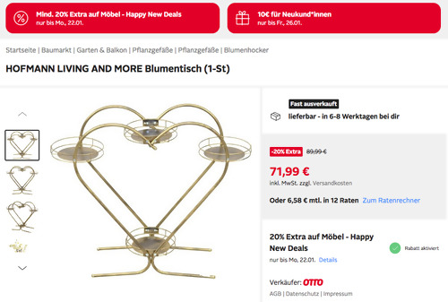 Otto.de - 20% Rabatt auf Möbel-Sortimente: z.B. HOFMANN LIVING AND MORE Blumentisch in Herzform - jetzt 20% billiger