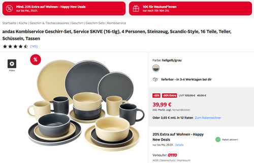 Otto.de - mind. 20% Rabatt auf ausgewählte Wohnen-Sortimente: z.B. andas 16-tlg. Kombiservice SKIVE in  Hellgelb/grau - jetzt 20% billiger