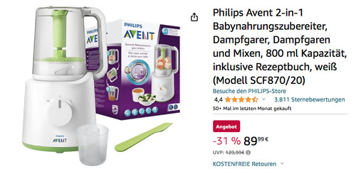 Philips SCF870/20 2-in-1 Babynahrungszubereiter, 800 ml Kapazität - jetzt 17% billiger