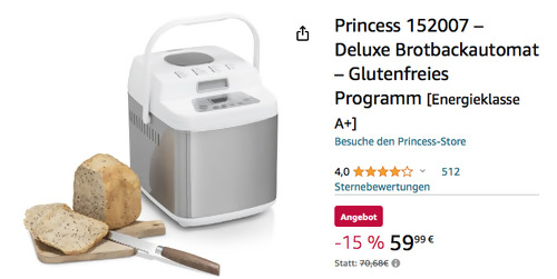 Princess 152007  Deluxe Brotbackautomat (19 vorprogrammierte Backprogramme inklusive glutenfreies Programm) - jetzt 14% billiger Princess 152007  Deluxe Brotbackautomat (19 vorprogrammierte Backprogramme inklusive glutenfreies Programm) - jetzt 14% billiger