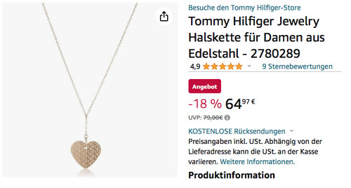 Tommy Hilfiger Jewelry 2780289 Halskette mit Herz-Anhänger (45 cm, Edelstahl, Nelkengoldbeschichtung) - jetzt 18% billiger