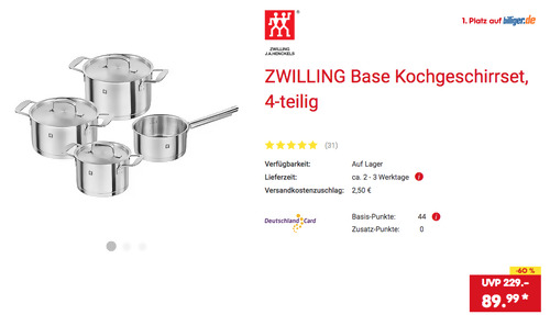 ZWILLING Base 4-tlg. Kochtopfset ( 2 l und 3,5 l Kochtopf, Bratentopf, Stieltopf) - jetzt 24% billiger ZWILLING Base 4-tlg. Kochtopfset ( 2 l und 3,5 l Kochtopf, Bratentopf, Stieltopf) - jetzt 24% billiger