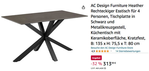 AC Design Furniture Heather 135 x 80 cm Esstisch in Schwarz - jetzt 15% billiger AC Design Furniture Heather 135 x 80 cm Esstisch in Schwarz - jetzt 15% billiger