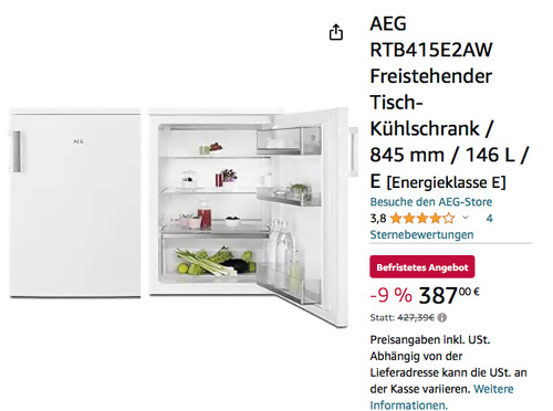 AEG RTB415E2AW 146 L Tisch-Kühlschrank, 845 mm hoch - jetzt 9% billiger