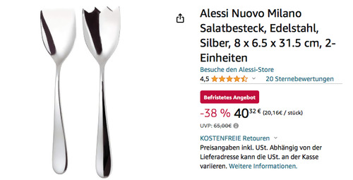 Alessi 5180/14 Nuovo Milano Salatbesteck aus hochglanzpoliertem Edelstahl 18/10 - jetzt 21% billiger Alessi 5180/14 Nuovo Milano Salatbesteck aus hochglanzpoliertem Edelstahl 18/10 - jetzt 21% billiger