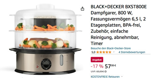 Black & Decker BXST800E Dampfgarer mit 2 Etagenplatten, 6,5 Liter - jetzt 17% billiger Black & Decker BXST800E Dampfgarer mit 2 Etagenplatten, 6,5 Liter - jetzt 17% billiger