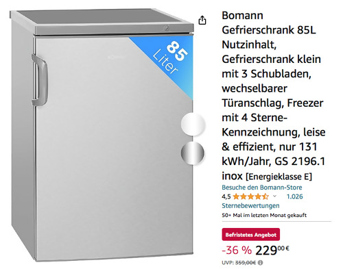 Bomann GS 2196.1 Inox 85L Gefrierschrank, 57,5T x 56B x 84,5H cm - jetzt 13% billiger