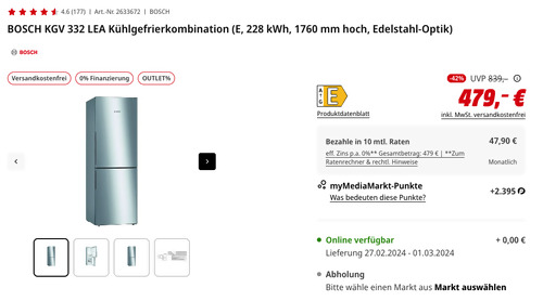 BOSCH KGV 332 LEA Kühlgefrierkombination in Edelstahl-Optik (176 cm,  291 Liter) - jetzt 10% billiger