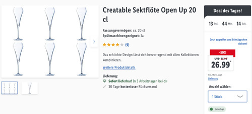 Creatable Sektflöte Open Up 20 cl 6-Sektgläser - jetzt 27% billiger