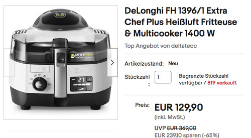DeLonghi FH 1396/1 Extra Chef Plus Heißluft Fritteuse & Multicooker, 1,7 kg Fassungsvermögen - jetzt 26% billiger