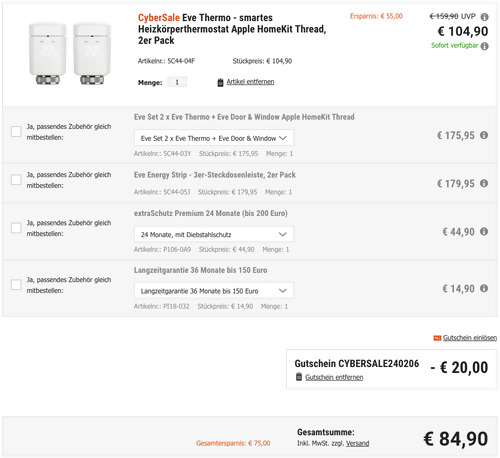 Eve Thermo - smartes Heizkörperthermostat Apple HomeKit Thread, 2er Pack - jetzt 19% billiger Eve Thermo - smartes Heizkörperthermostat Apple HomeKit Thread, 2er Pack - jetzt 19% billiger