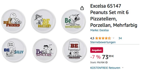 Excelsa 65147 6 Pizzateller Peanuts Set, 31 cm Porzellan - jetzt 7% billiger
