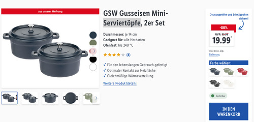 GSW Gusseisen 14 cm Mini-Serviertöpfe 2er Set, versch. Farben - jetzt 44% billiger GSW Gusseisen 14 cm Mini-Serviertöpfe 2er Set, versch. Farben - jetzt 44% billiger