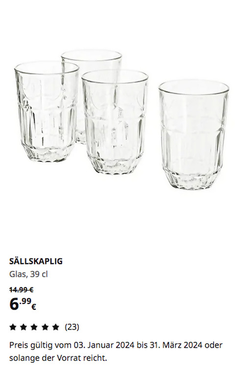 IKEA Düsseldorf - SÄLLSKAPLIG Glas, Klarglas/gemustert, 39 cl, 4 Stück - jetzt 53% billiger