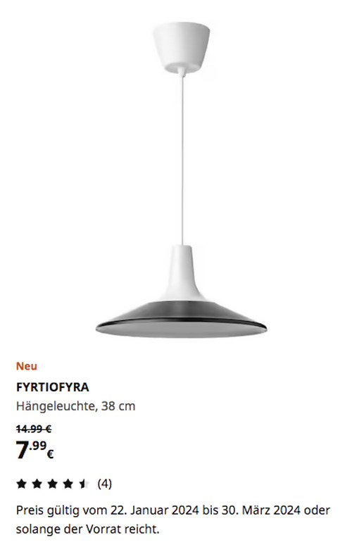 IKEA Rostock - FYRTIOFYRA Hängeleuchte, weiß/schwarz, 38 cm - jetzt 47% billiger