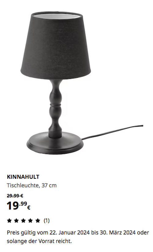 IKEA Rostock - KINNAHULT Tischleuchte, schwarz Esche/schwarz, 37 cm - jetzt 33% billiger