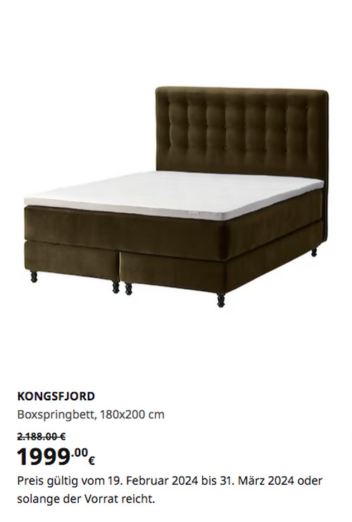 IKEA Wallau - KONGSFJORD Boxspringbett, Vatneström fest/mittelfest/Tistedal Djuparp dunkel olivgrün, 180x200 cm - jetzt 9% billiger