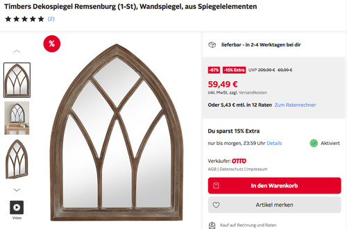Otto.de - 15% Rabatt auf ausgewählte Wohnartikel: z.B. Timbers Wandspiegel "Remsenburg", ca. 56/4/74 cm - jetzt 15% billiger