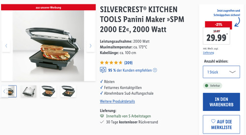 SILVERCREST KITCHEN TOOLS Panini Maker "SPM 2000 E2", ca. B 293 x T 263 mm Grillplatte - jetzt 18% billiger