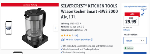 SILVERCREST KITCHEN TOOLS Wasserkocher Smart "SWS 3000 A1" (WLAN-Funktion, max. 1,7 l) - jetzt 36% billiger